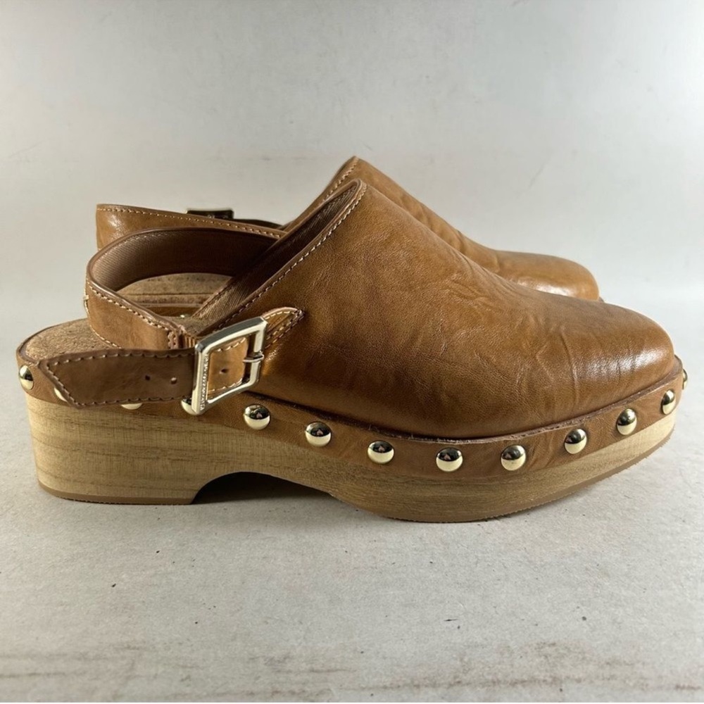 Kelsi Dagger Brown Leather and Wood Clogs with Gold Studs